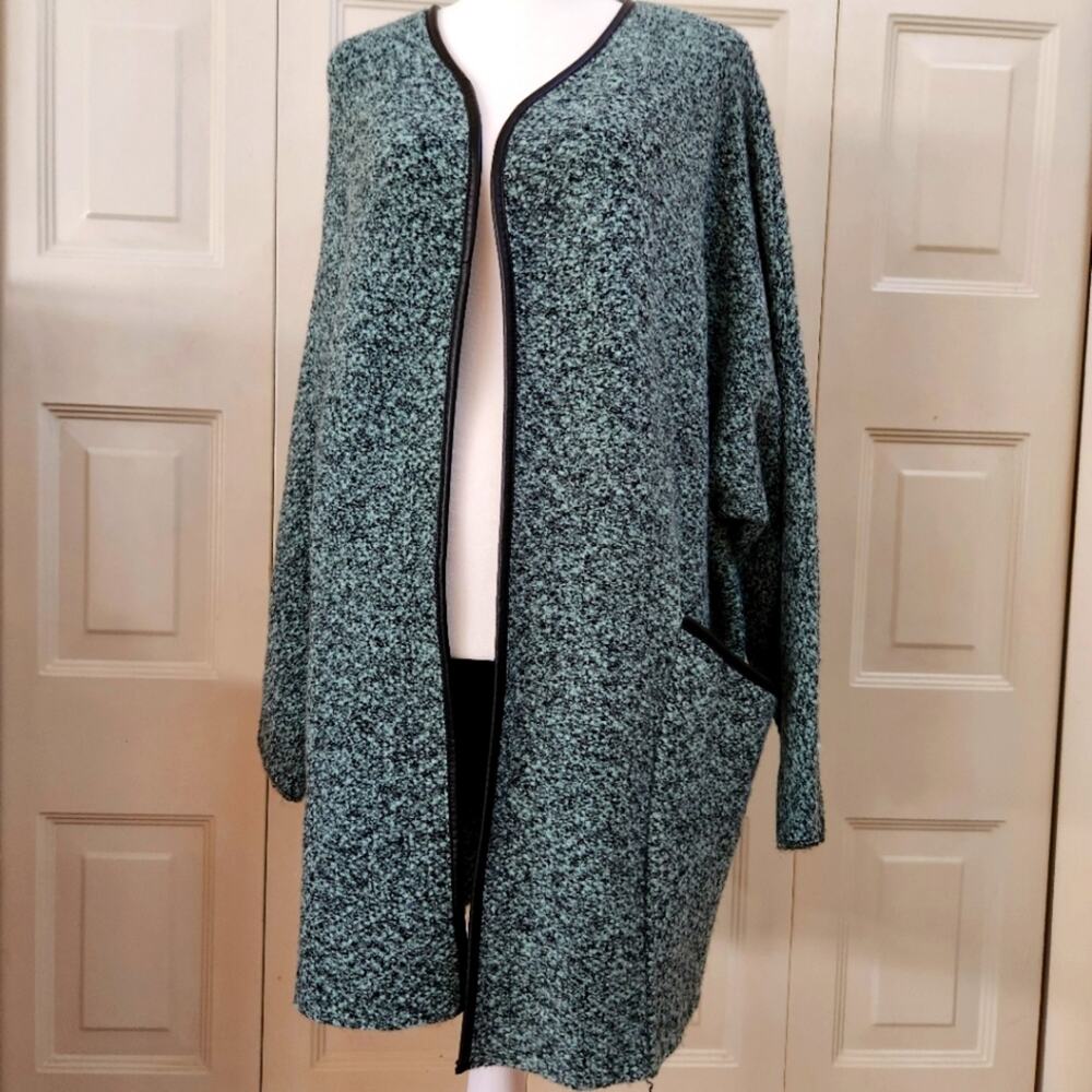 She + Sky Long open Cardigan Jacket blue green w/ black faux leather trim Medium